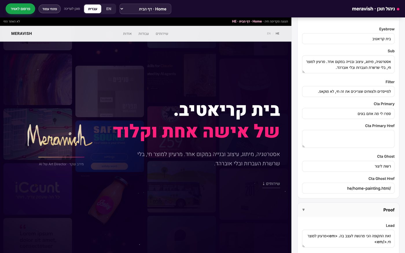 מסך מערכת הניהול: תצוגה חיה של האתר משמאל, שדות עריכה בעברית מימין
