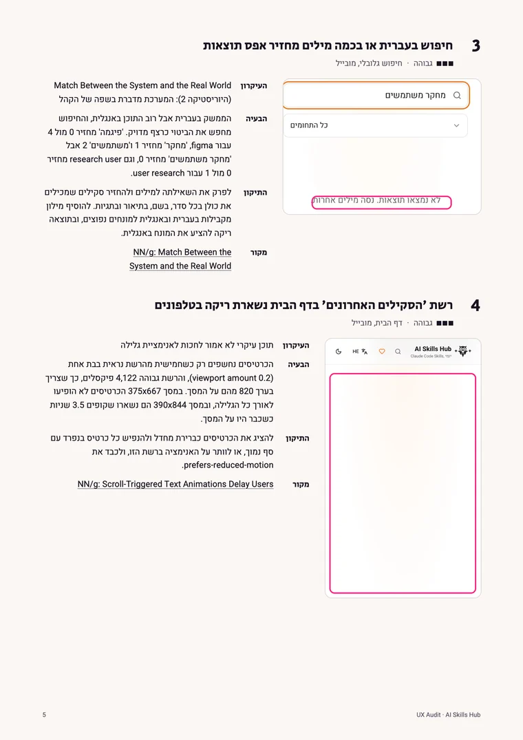 Page 5 of the report: findings 3 and 4, each with a marked screenshot, principle, problem, fix and source