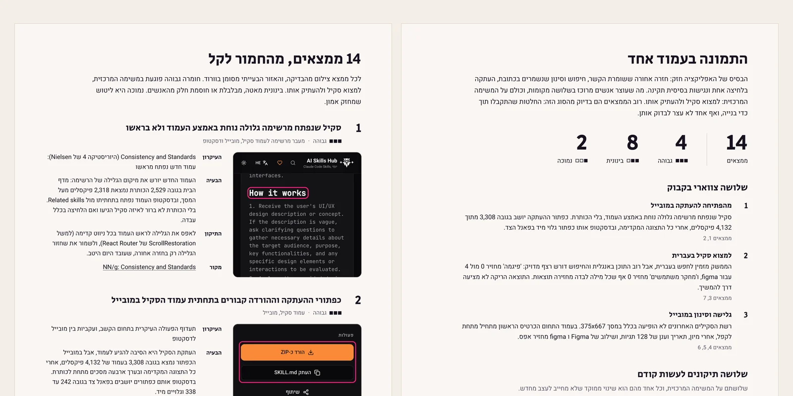 שני עמודים מתוך בדיקה: המוצר בעמוד אחד, והממצאים מהחמור לקל עם צילומי מסך מסומנים