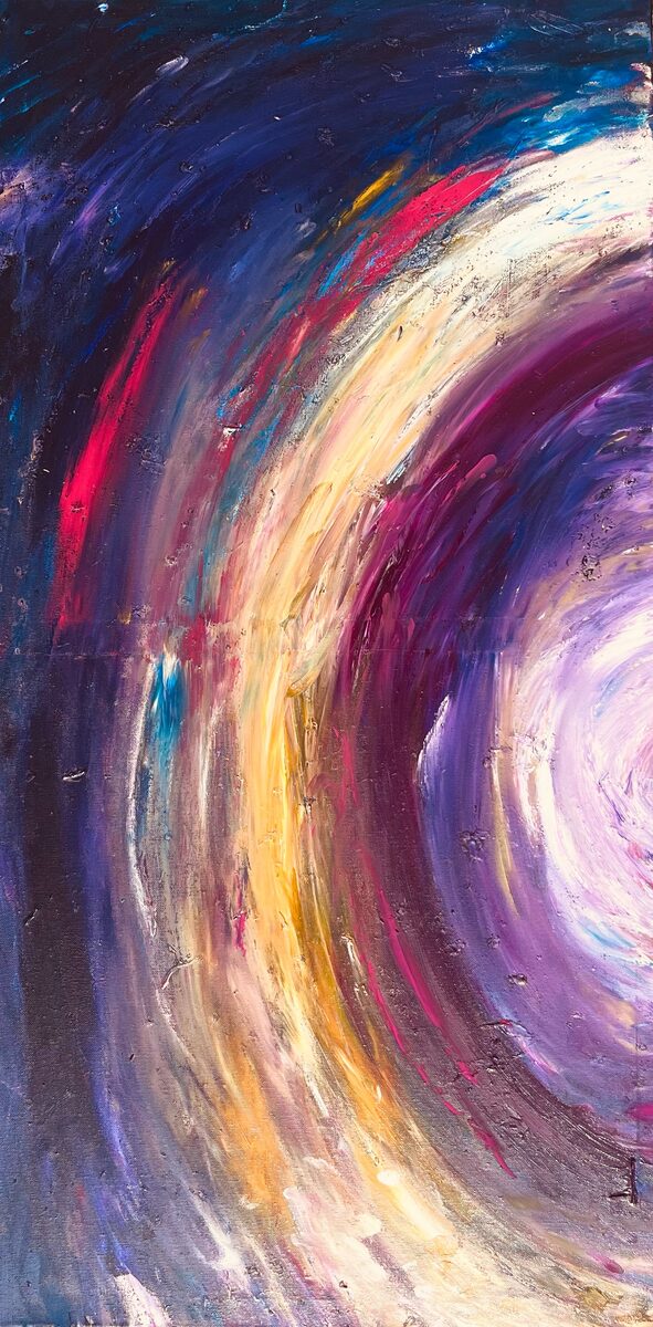 Canvas I of the triptych: close-up of pink, brown and white acrylic layers on canvas