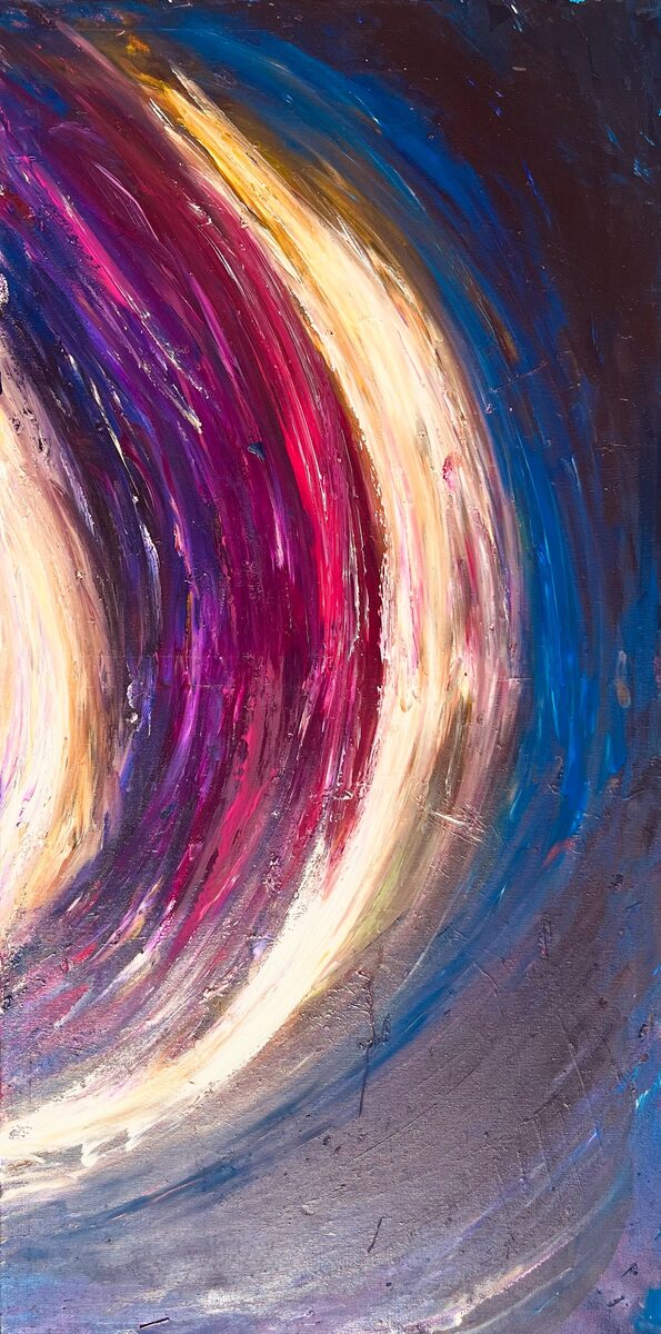 Canvas II of the triptych: close-up of pink, brown and white acrylic layers on canvas