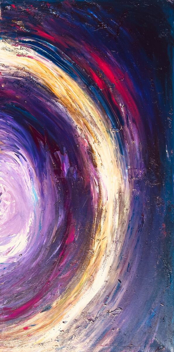 Canvas III of the triptych: close-up of pink, brown and white acrylic layers on canvas