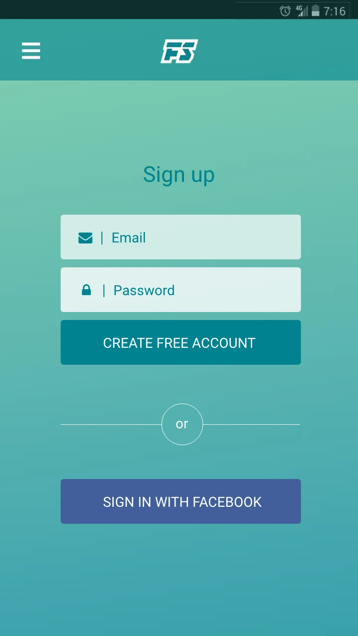 App sign up screen, two fields or sign in with Facebook