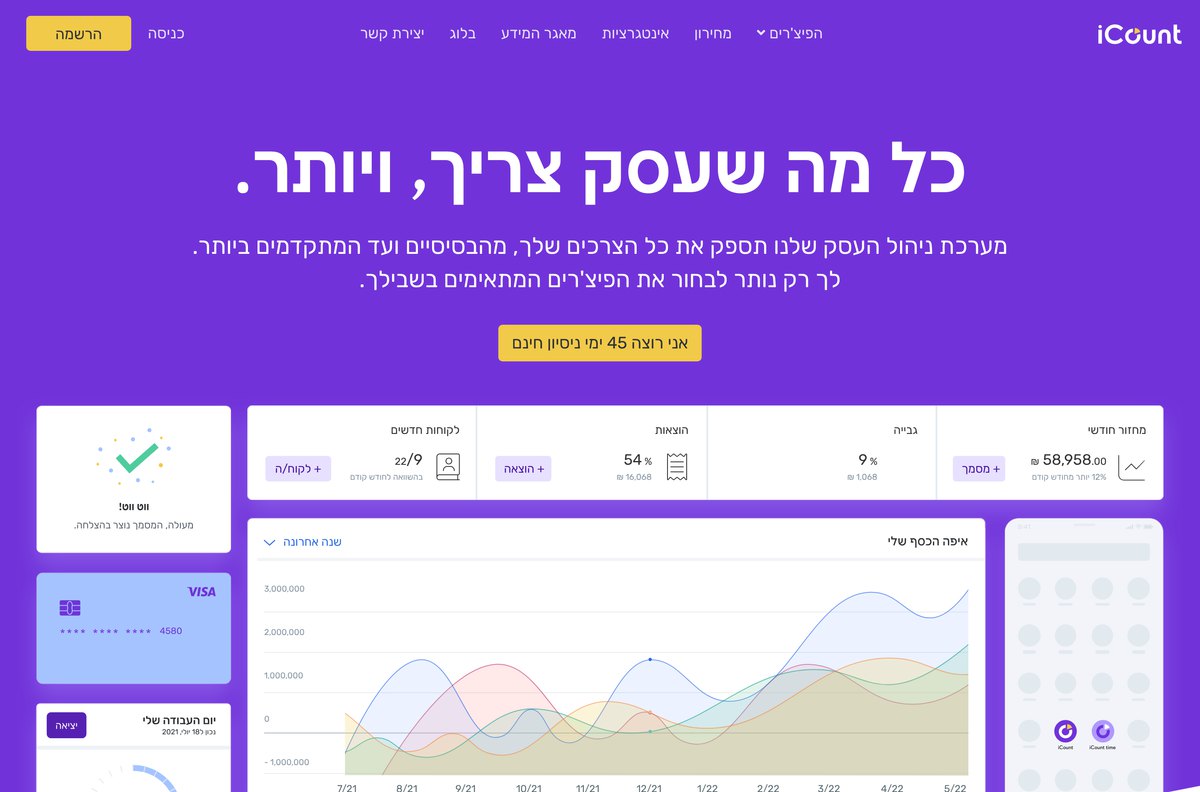 דף הבית של iCount אחרי העיצוב מחדש