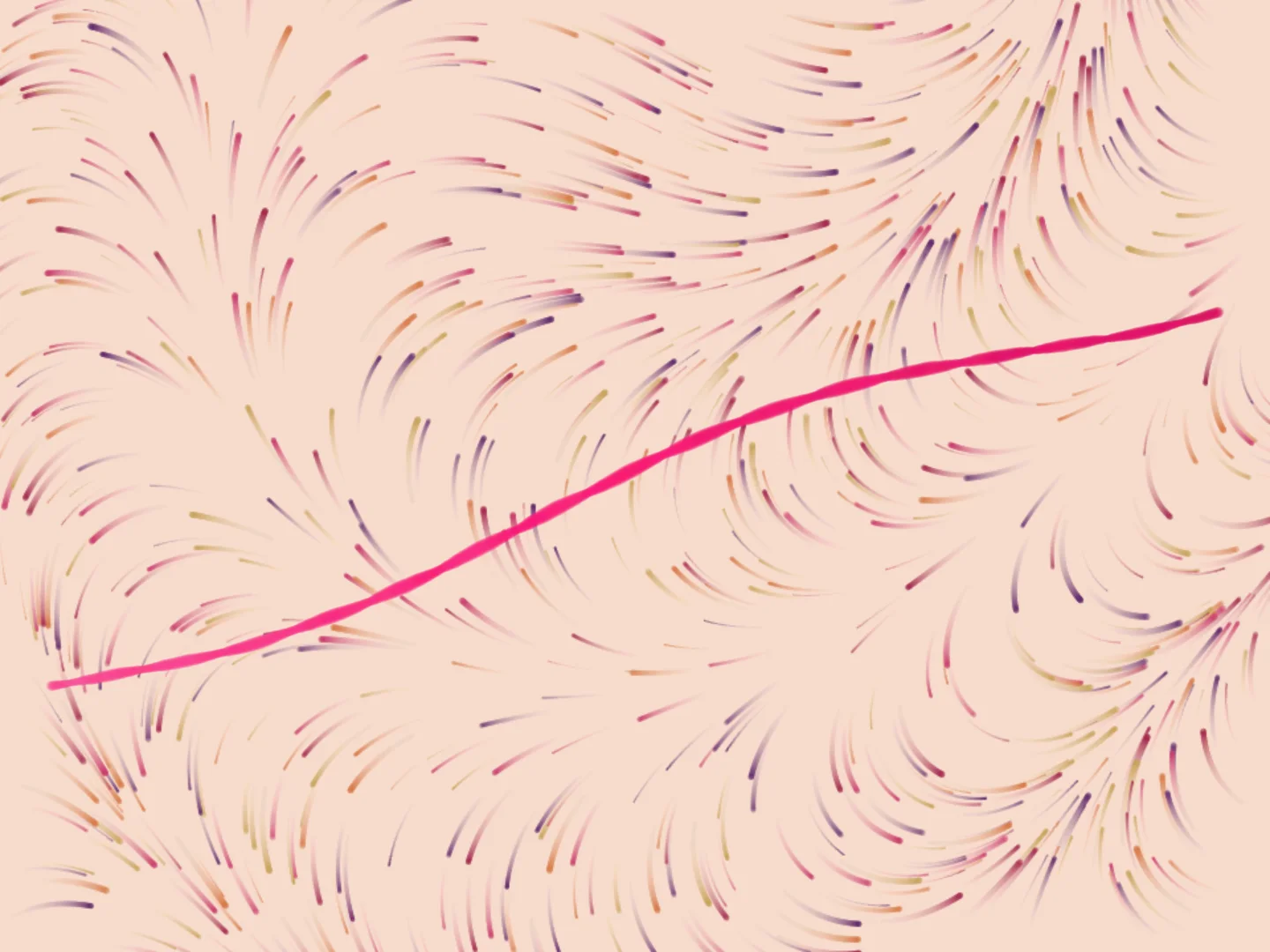 A flow field of colour dots with one pink stroke crossing it