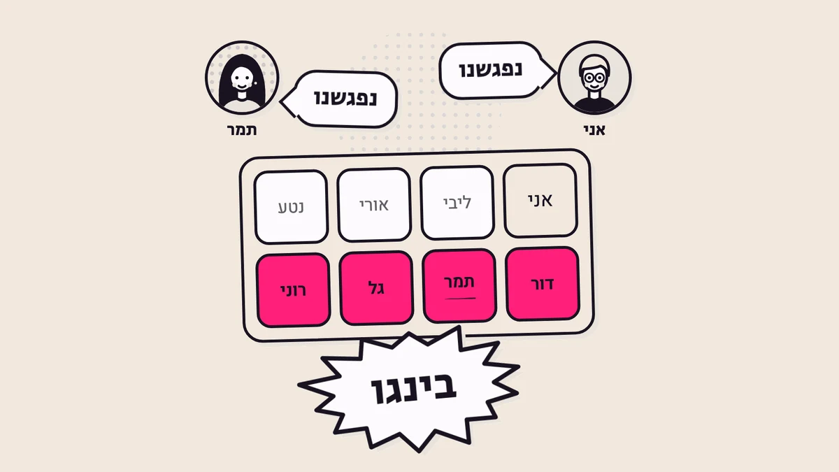 איור מתוך הכלי: שתי דמויות אומרות נפגשנו, לוח של שמונה ריבועים שארבעה מהם ורודים, ופיצוץ בינגו