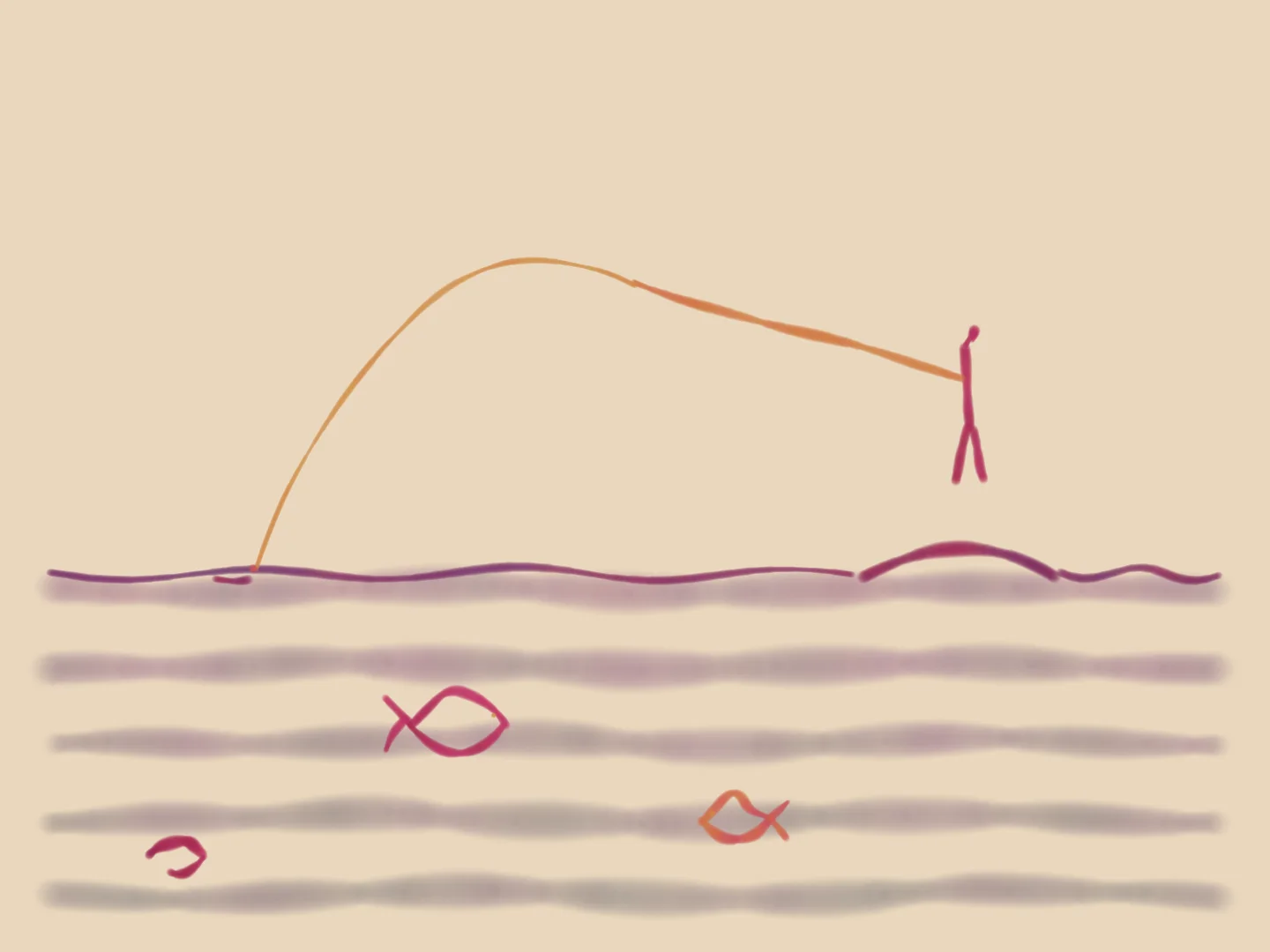 A brush-drawn scene: an angler, a fishing line and fish in the water