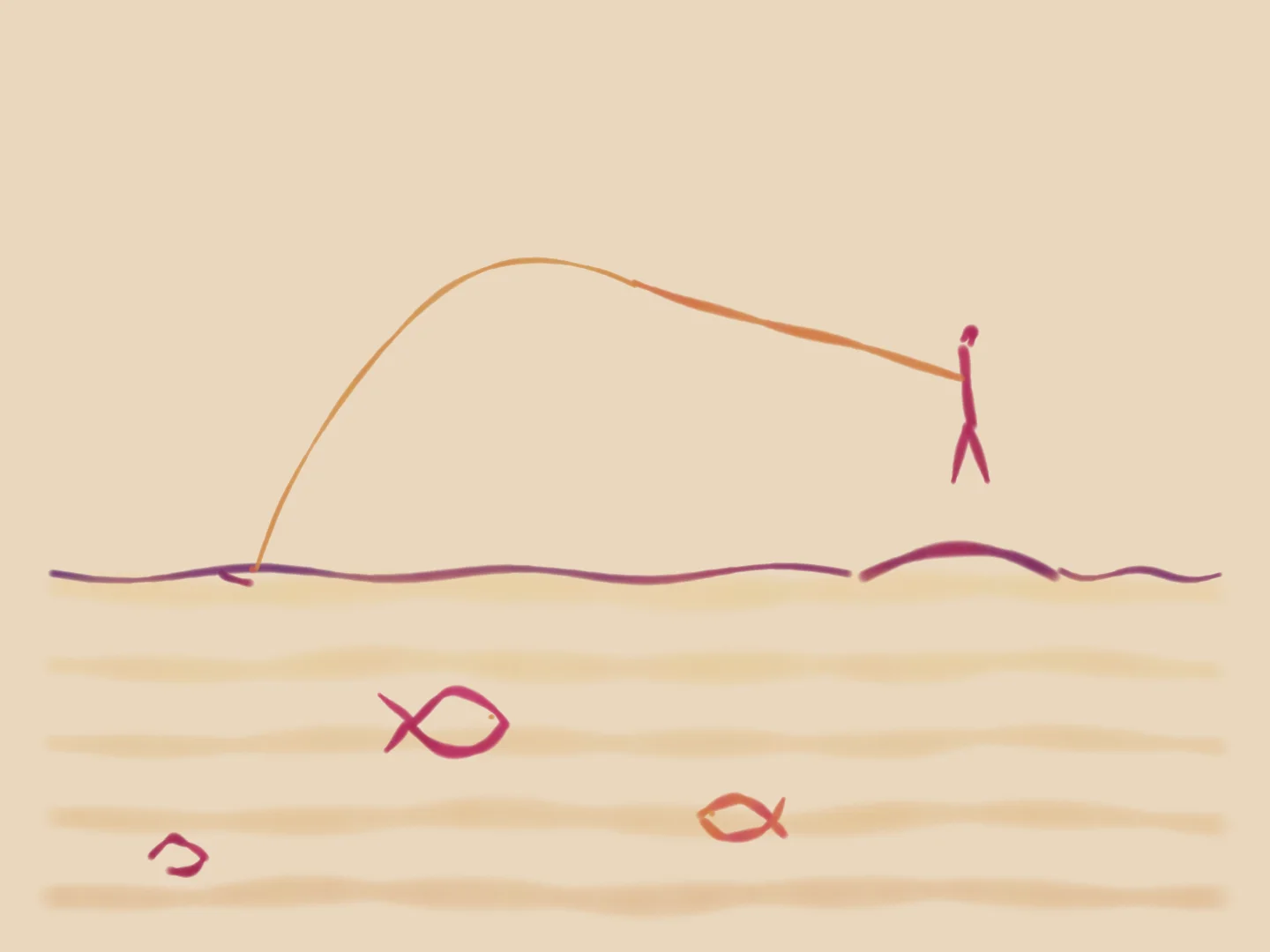 A brush-drawn scene: an angler, a fishing line and fish in the water