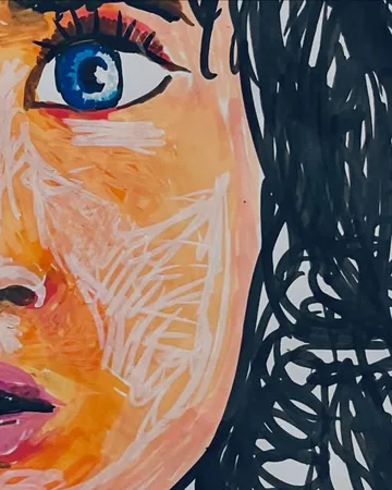 Pop art painting of a face in blue and orange