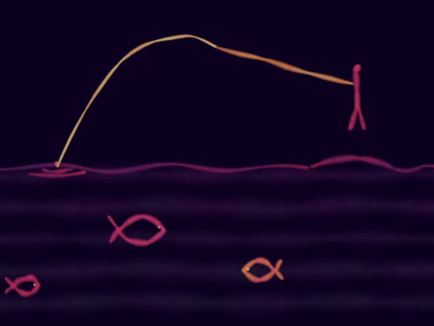 A self-drawing line, an angler and fish, from the meravish illustration engine